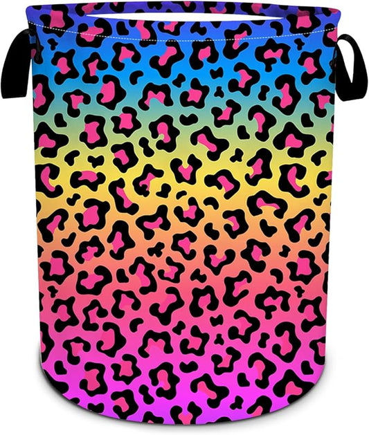 CoLorful Leopard Rainbow Laundry Basket, Foldable Waterproof Oxford Cloth Laundry Hamper Funny Tote Bag Dirty Clothes Storage Bucket Toy Organizer for Bathroom/Laundry/Bedroom 15.7"x19.6"