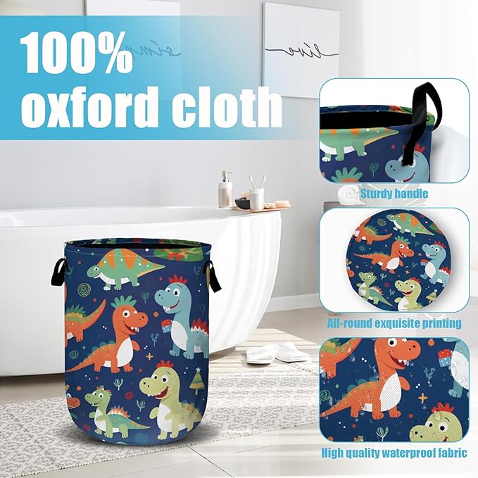 Cute Cartoon Dinosaurs Laundry Basket, Christmas Laundry Hamper Collapsible Oxford Cloth with Handle Clothes Toy Storage Bin for Bathroom Laundry Room Bedroom 15.7 X 20 Inch