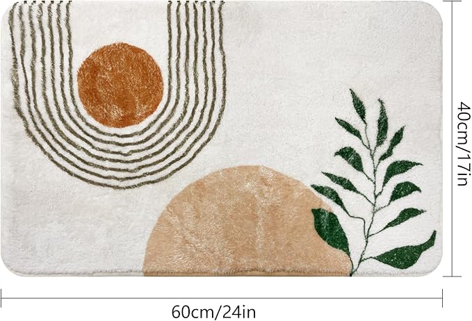 17''x24 Boho Bath Rugs for Bathroom Decor Non-Slip Bath Mat Absorbent Plush Microfiber Soft Carpet Machine Washable Bath Mat for Bathrooms,Showers,Laundry Rooms,White and Green