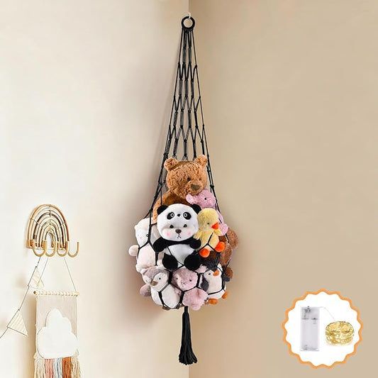 Stuffed Animal Hammock Corner Net with LED Light Plushies Storage Hammock for Stuffed Animals Boho Room Decor Macrame Wall Decor