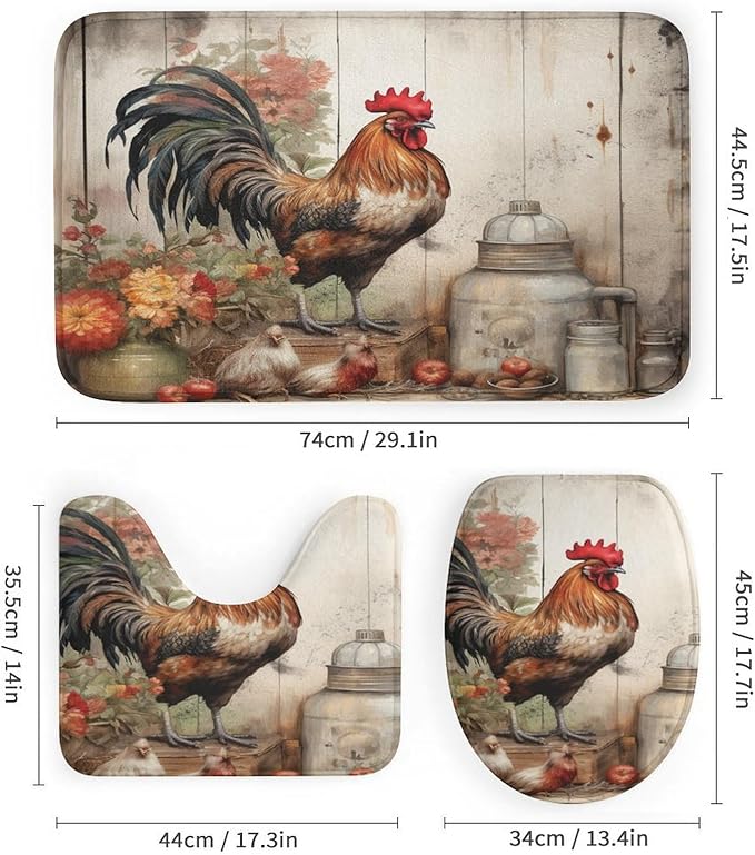 4 Piece Bathroom Rug Set with Shower Curtain Non-Slip Rugs and Toilet Mat Lid Rug Accessories It's Just Chicken Time Waterproof Shower Curtain Chicken Gifts for Bathroom Decor Set