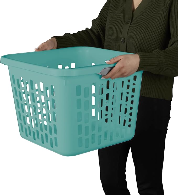 1.5 Bushel Square Plastic Laundry Basket, BPA-Free, Teal Splash - 2 Comfort Grip Handles, Sturdy & Stackable, for Bedroom, Bathroom & Laundry Room