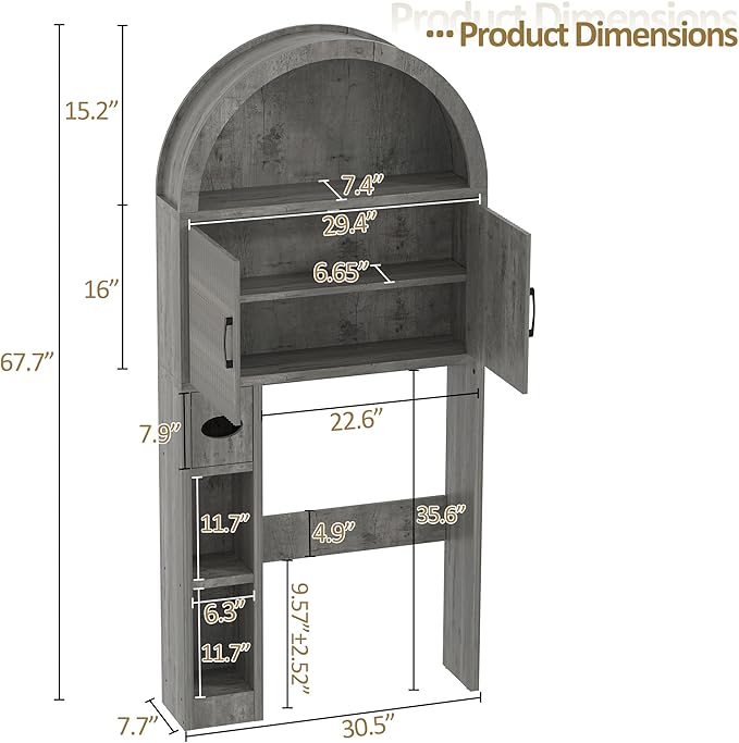 Over The Toilet Storage Cabinet, Bathroom Organizer Over Toilet, Arched Storage Organizer Cabinet with Anti-Tip Device and Adjustable Shelf for Washroom Laundry and Restroom, Grey