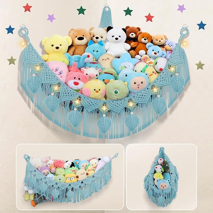 Stuffed Animal Hammock Corner - 56'' Jumbo Handcrafted 5mm Double Macrame Cord Stuffed Animal Storage Net - 100% Natural Cotton Toy Hammock Holder - Turquoise Stuffy Plushie Net w/LED Star Light