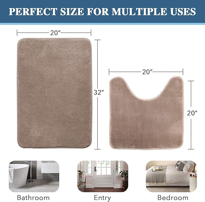 H.VERSAILTEX Bath Mat Memory Foam Bathroom Rug Flannel Velvety Luxury Extra Soft and Absorbent Non Slip Rugs for Bathroom/Bedroom Washable (Curved Set 20"x 32" Plus 20"x 20"U, Taupe)