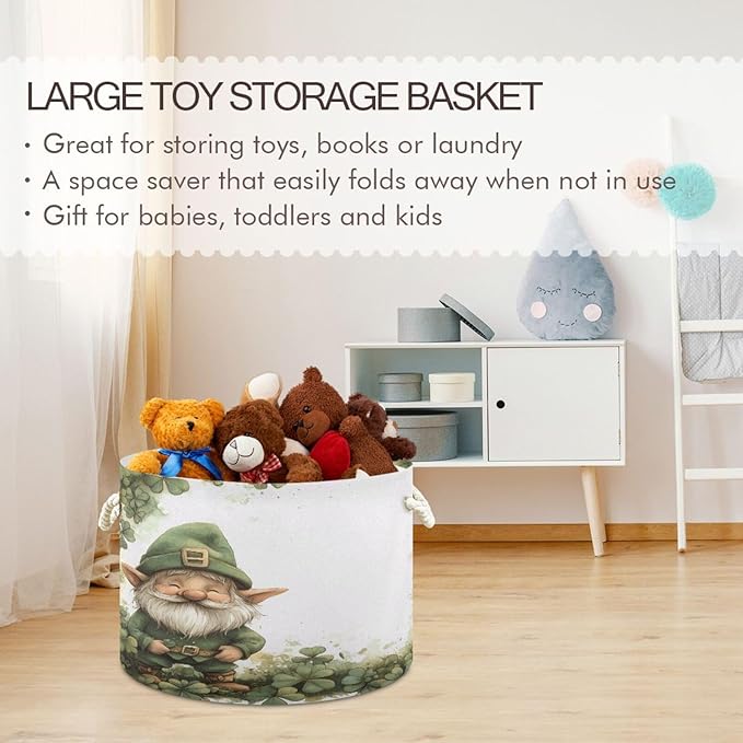 Blanket Storage Basket for Living Room - Saint Patrick's Dwarf Large 20"x20"x14" Cotton Rope Handles Laundry Basket, Foldable for Toy Storage, Blanket Basket