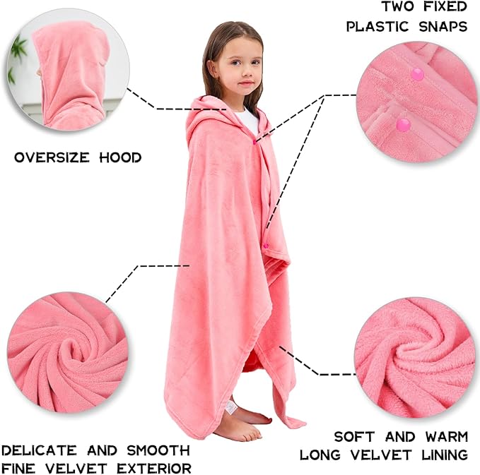 Hiturbo Kids Hooded Bath Towel: Soft Plush Pool Beach Fleece Towel Blanket - 50"x30" Toddler Towels Wrap for Boys Girls 3-12 Years (Pink)
