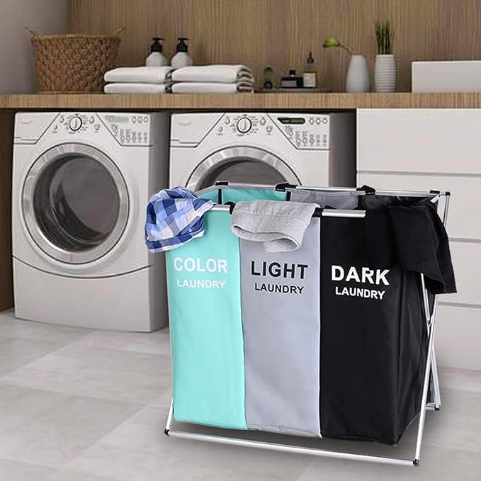 135L Laundry Cloth Hamper Sorter Basket Bin Foldable 3 Sections with Aluminum Frame 26''×24''H Washing Storage Dirty Clothes Bag for Bathroom Bedroom Home Storage basket (3 Liner, Green+grey+black)