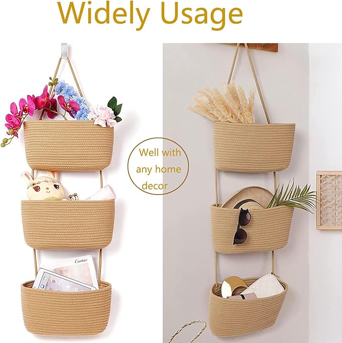 YYaaloa Woven Cotton Hanging Baskets for Organizing Decor 3-Tier Over the Door Wall-Mounted Storage Bag Nursery Baskets for Organizing Living Room, Bathroom and Bedroom (Brown)