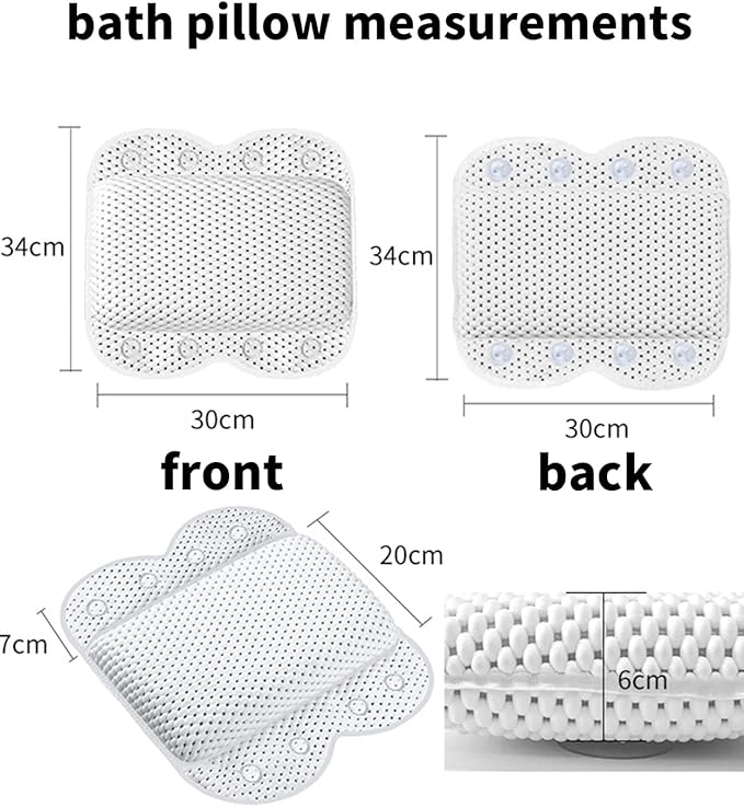 Bath Pillow Non Slip Spa Bathtub Head & Neck Rest Support, Headrest with Soft 4D Mesh Fabric, Permeable Quick Drying Air Mesh Tub Pillow with 8 Suction Cups Fits Any Tubs, Soft & Relaxing
