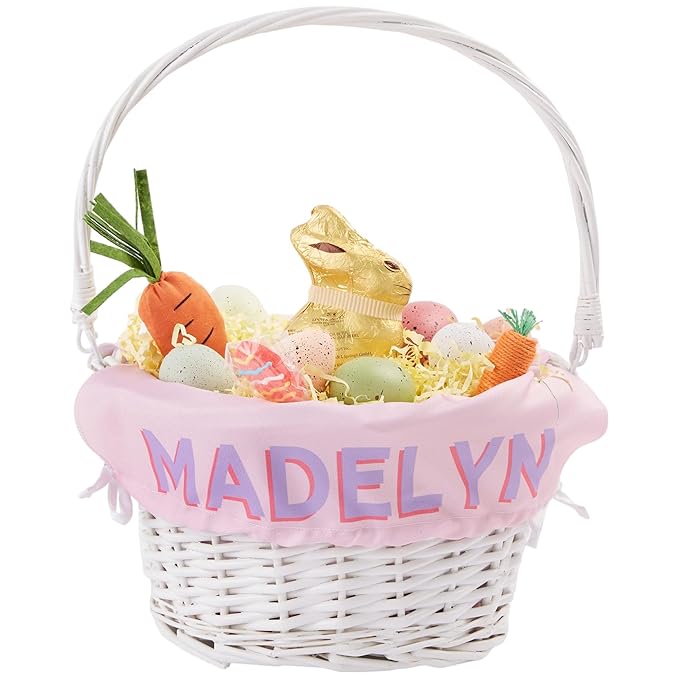 Personalization Universe Custom Shadow Name Embroidered White Easter Basket with Folding Handle – Personalized Easter Basket for Kids – Decorative Storage & Holiday Gift