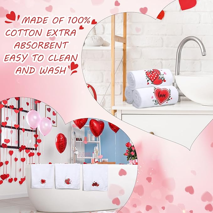 3 Pack Valentine's Day Bath Hand Towels Embroidered 100% Cotton 13.7 x 29.5 in Valentines Red Heart Love Bathroom Kitchen Decorations Valentines Day Dish Towel Gift Set(White,Eucalyptus)