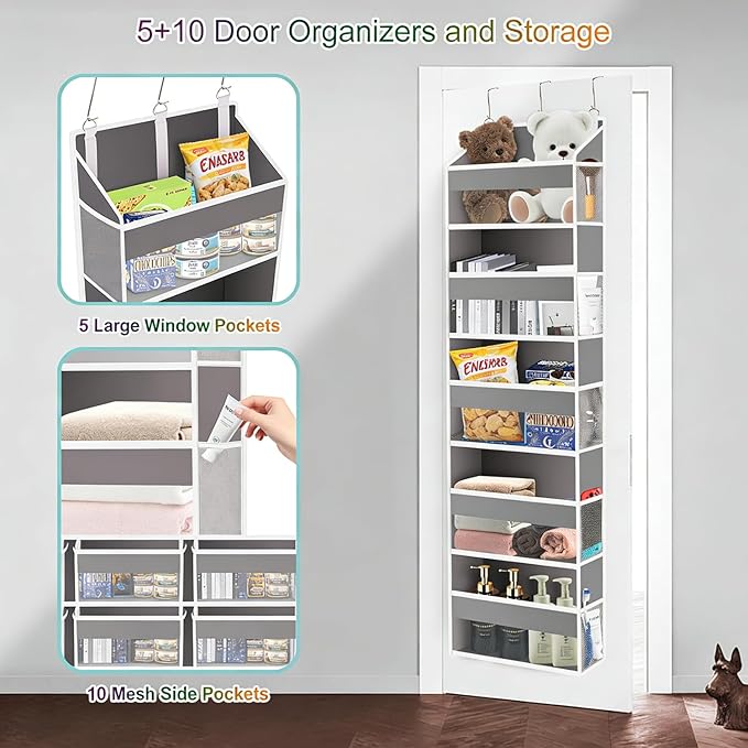 Over The Door Organizer Closet,5 Bins 10 Side Pockets,Hanging Organizer,Anti Tilt 44 lbs Load Organizers and Storage with Clear Window for Bedroom,Nursery,Rv,Bathroom,Camper(Light Grey)