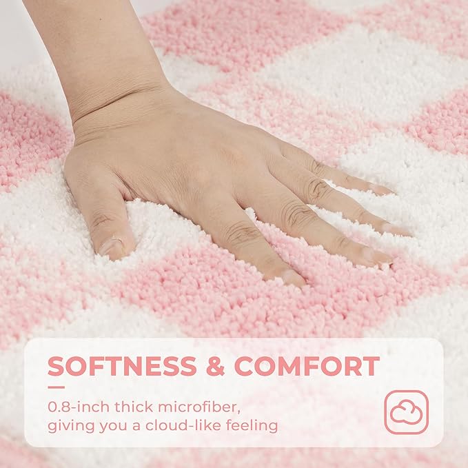 GRANNY SAYS Checkered Pink Bathroom Rugs Decor, 36" x 24", Fluffy Rug, Absorbent Microfiber Ultra Soft Bath Mat Washable, Non-Slip Bath Mats for Bathroom, Cute Floor Mat for Tub, Shower, Bedroom