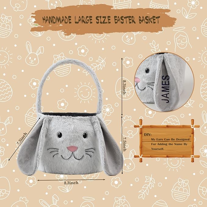 Easter Bunny Basket,Cute Easter Bucket Bags with Rabbit Ears for Easter Eggs Hunting,Easter Decorations,Candy Gifts Storage (Grey/White)