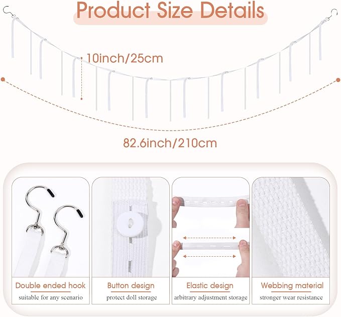 POVETIRE Stuffed Animal Storage Chain, 80 Inch Elastic Band Hanging Storage, White Cotton Stuffed Animal Display for Bedroom Nursery Corner Curtain Rod