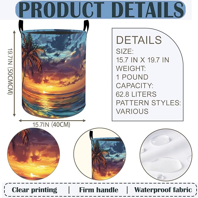 Palm Tree Sunset Laundry Basket Hamper 19.7"x15.8", Beach Foldable Waterproof Oxford Clothes Storage Bucket for Room Bathroom Bedroom Nursery Decor, Toy Organizer Bins Gifts for Kids Boys Girls