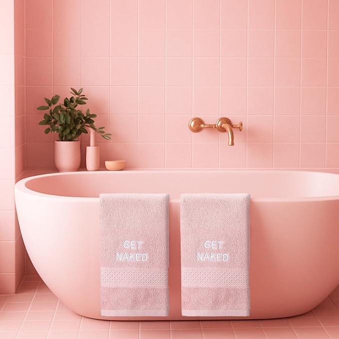 2 Pcs Get Naked Hand Towels 100% Cotton Embroidered Bathroom Pink Towel Modern Decorative Housewarming Gifts, Funny Bathroom Decor 29 x 13 Inch