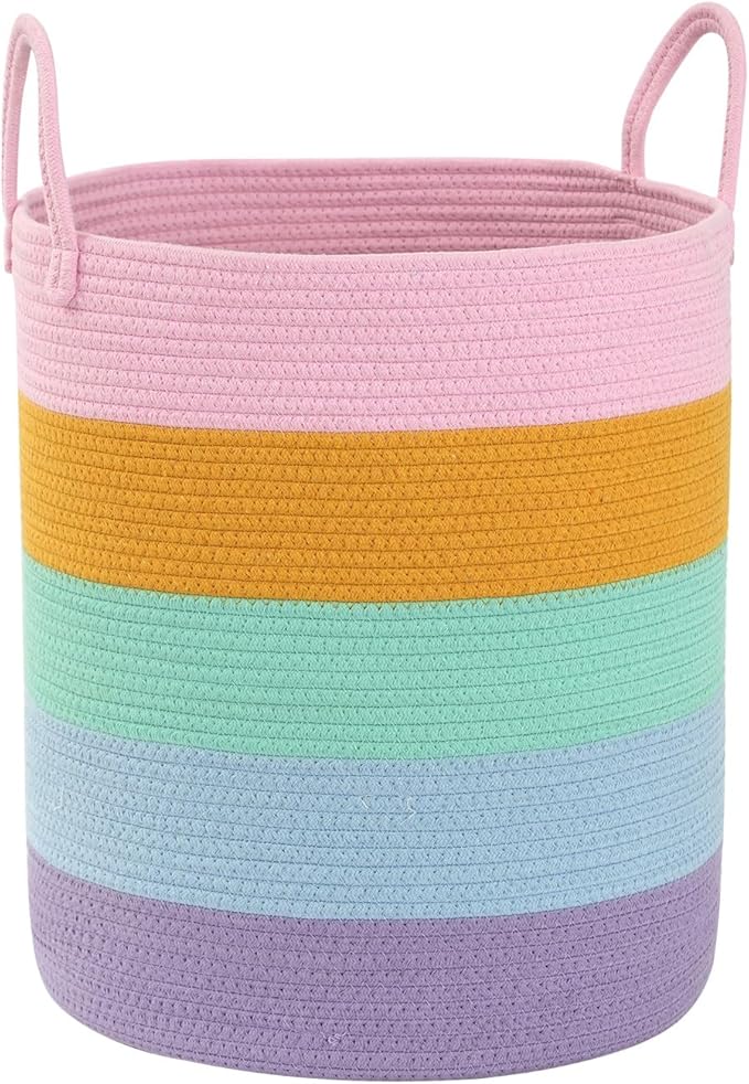 Woven Basket Nursery Laundry Hamper with Handles, Clothes Storage Organizer, Woven Basket for Boy Room Decor, Toy & Blanket Storage Bin, 15x15x18 Inch, Colorful, 1pc