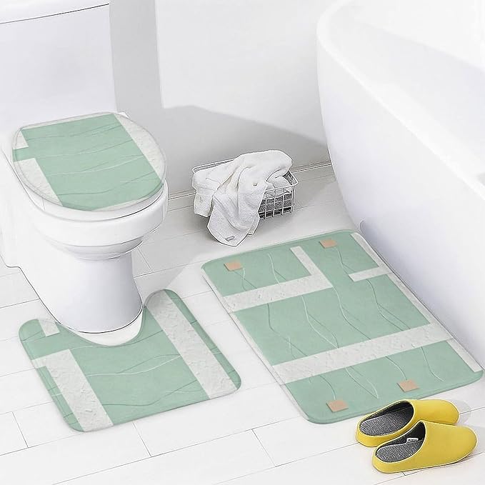 4 Piece Bathroom Rug Set with Shower Curtain, Non-Slip Bath Mat Toilet Cover Set, Geometric Lines Bathroom Rug Sets
