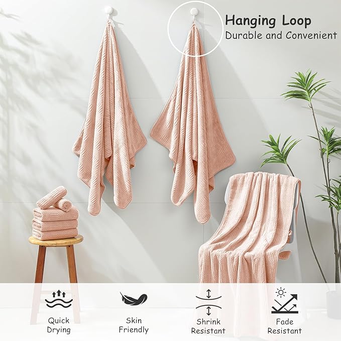 18 Pcs Pink Woven Family Towels Set-6 Bath Sheets,6 Hand Towels,6 Washcloths Soft Polyester Towels Absorbent Shower Towel Quick Dry Beach Chair Towel Lint Less Towels Set for Bathroom Spa Gym Hotel
