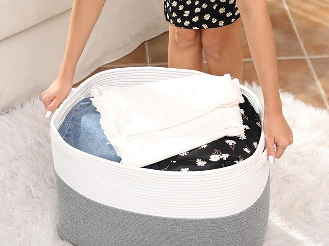 20"x12"x16" Mega Size Rectangular Extra Large Storage Basket, Rectangular Cotton Rope Storage Baskets, Woven Laundry Hamper, Cloth Storage Bin, for Clothes Blanket in Living Room, Grey Basket