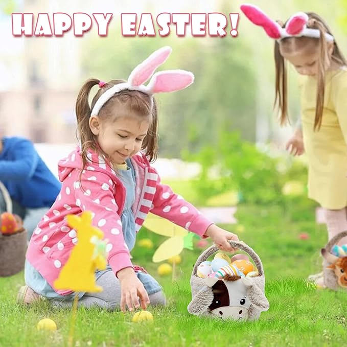 Easter Basket, Soft Cow Plush Baskets, Easter Egg Hunt Buckets, Easter Decorations Indoor Outdoor, Cute Easter Gifts for Kids, Adults, Teens, Toddlers, Girls