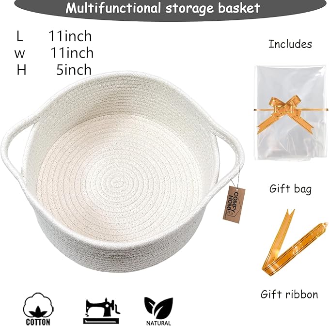 COMFY HOMI Small Woven Gift Baskets with Handles, Gift Bags and Ribbons - Cotton Rope Storage Basket for Organizing, Dog Toy Basket Box, Gift Baskets Empty, Mother’s Day-φ11X5 Inch, （all white）