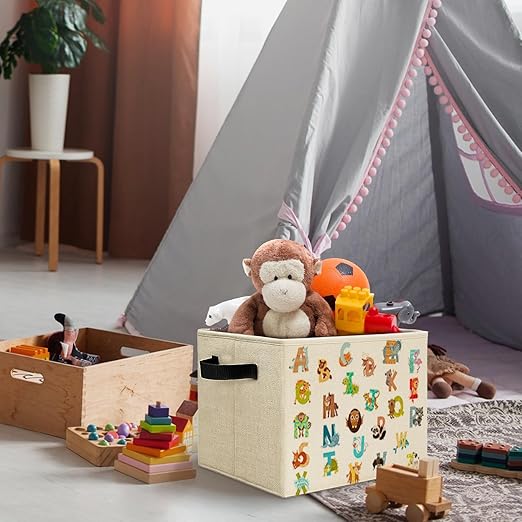 Boho Animal Alphabet Kids Storage Bins Box with Handles, Cute Animal Educational Laundry Basket Hamper Collapsible Clothes Toys Organizer for Toddler Room Nursery Playroom Bathroom