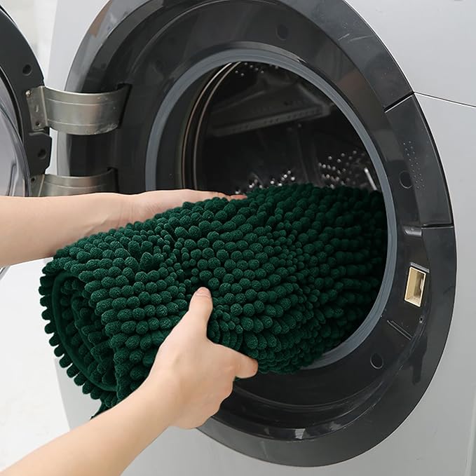 ACCUMTEK Christmas Striped Deep Green Toilet Bathroom Rug Mat Set 2 Piece Rug Ultra Soft, Non Slip Chenille Bath Rugs, Absorbent Plush Shaggy Bath Mats for Bathroom, Bedroom, Kitchen, Shower, Tub