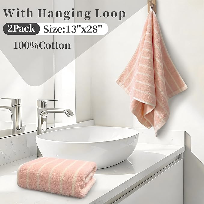 2-Pack Premium Stripe Cotton Hand Towels with Hanging Loop - 13x28 Inch, Medium Weight 420GSM, Ultra Absorbent, Daily Bathroom & Face Towels, Soft Comfortable Durable Pink Ground Beige Stripe Design