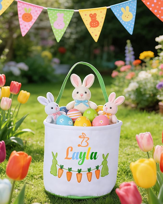 Personalized Embroidered Easter Basket for Kids - Custom Name Carrot Bunny Basket Bags, Perfect for Easter Egg Hunt, Gifts & Party Favors for Boys & Girls