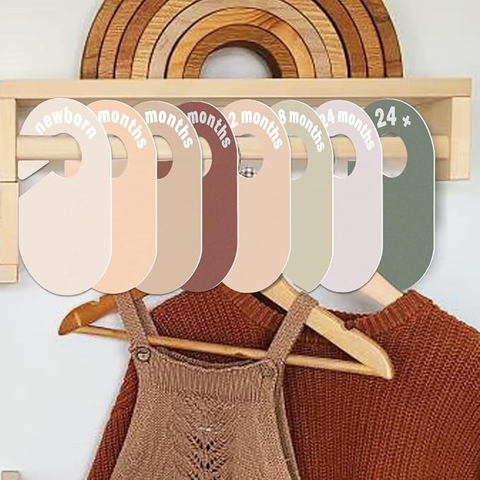 Baby Closet Divider, Baby Wardrobe Organizer, Double-Sided Design, Nursery Decor Clothes Hanger Dividers for Sorting 8 Sizes from Newborn to 12+ Months (Earth stone)