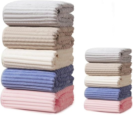 10 PCS Rainbow Coral Fleece Towels Set 5 (60×40in + 30×13in) - Super Absorbent,Extra Large Size, Cost-Effective(Milk White, Deep Blue, Coffee, Pink, Gray)