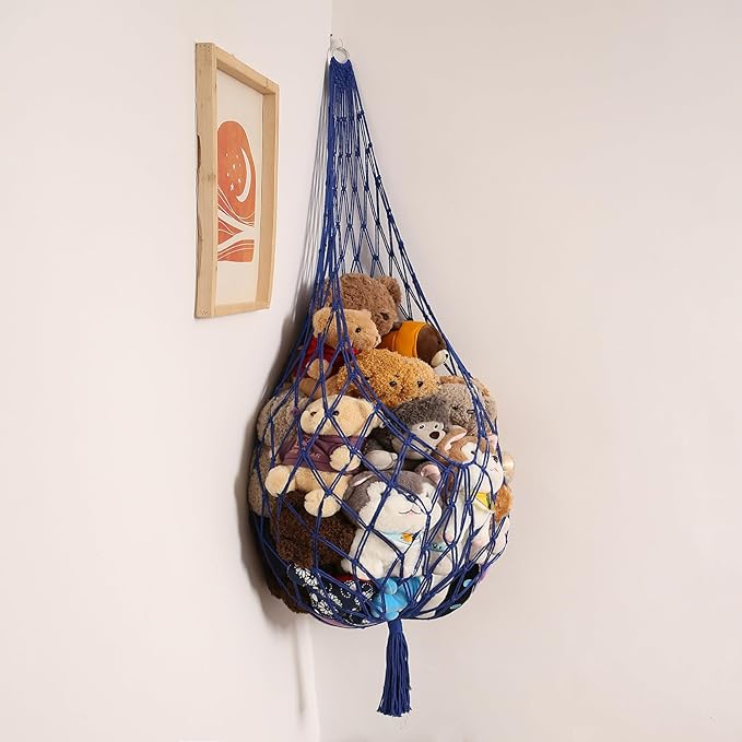 Novel Stuffed Animal Hammock Corner Hanging Net for Stuff Aniaml Storage Macrame Toy Display Plush Toy Holder-Perfect for The Tiny Space Walls (blue, XXL)