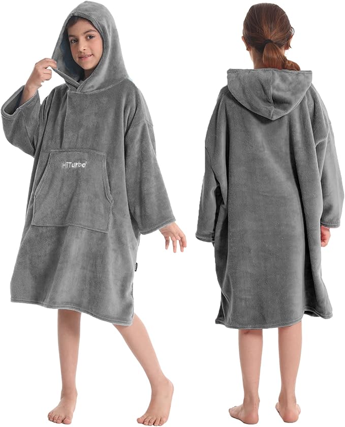 Hiturbo Kids Towel Changing Robe: Soft Plush Wearable Blanket - Warm Coral Fleece Hoodie - Swim Surf Poncho for 5-12 Years (Gray)
