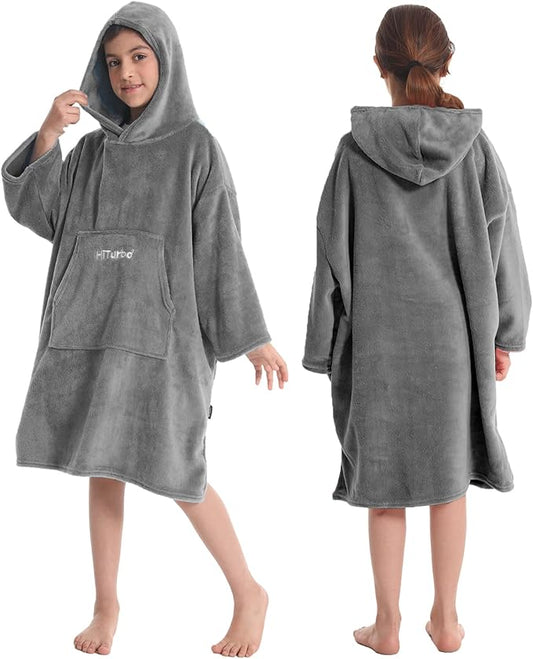 Hiturbo Kids Towel Changing Robe: Soft Plush Wearable Blanket - Warm Coral Fleece Hoodie - Swim Surf Poncho for 5-12 Years (Gray)