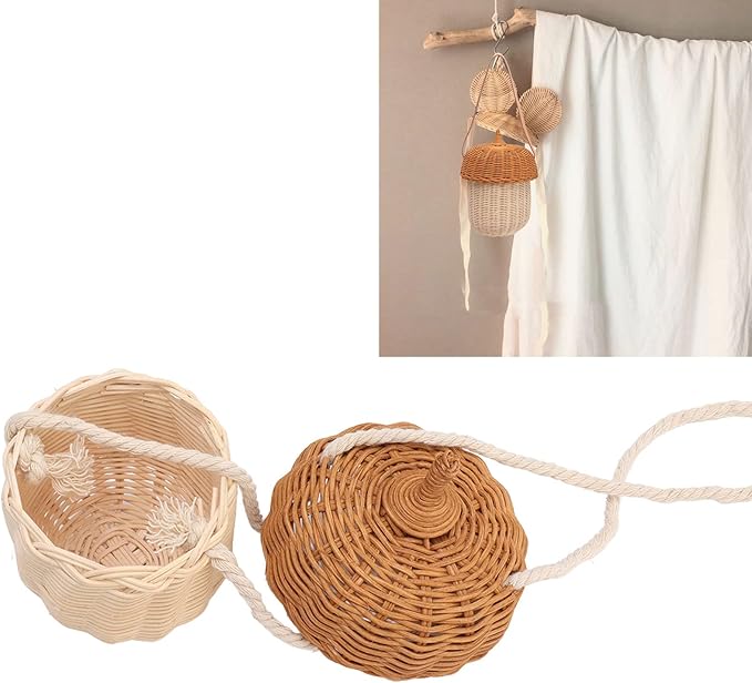 Rattan Storage Basket, Hand Woven Decorative Acorn Shaped Basket Bag Photography Props Decorative Basket for Boys Girls (Small Shoulder Bag)