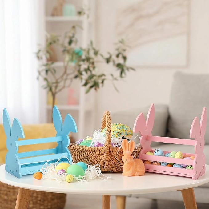 Yookeer 2 Pcs Wood Bunny Easter Baskets with Handle, Cute Easter Rabbit Candy Eggs Basket Empty Hunt Container Storage for Gifts, Pink and Blue