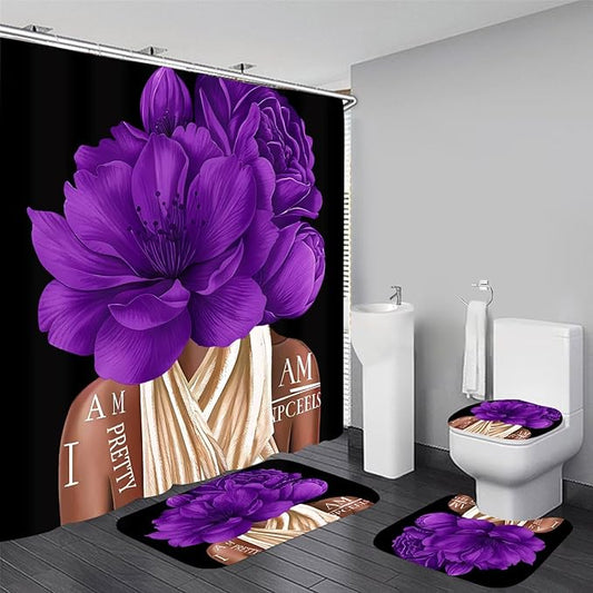 4 Pcs Purple Girl Shower Curtain Sets African American Woman Rose Floral Quotes Non-Slip Rugs Bath Mat Toilet Cover U Shaped Mat Shower Curtain with 12 Hooks Bathroom Set