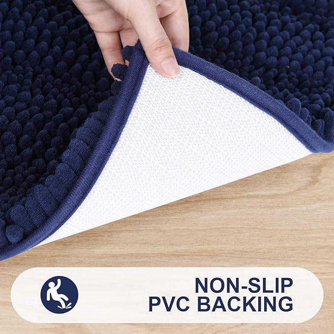 Grandaily Chenille Striped Bathroom Rugs 24x16, Extra Thick and Absorbent Bath Mats, Non-Slip Soft Plush Shaggy Shower Carpet, Machine Wash Dry, Bath Rug for Bathroom, (Small, Navy)