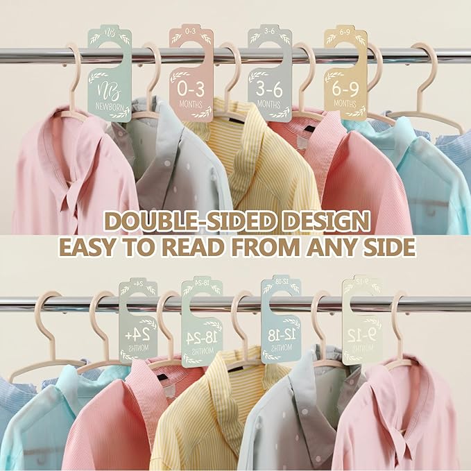 8 Pcs Baby Closet Dividers, Baby Clothes Dividers for Closet, Double-Sided Minimalist Cute Design, Nursery Decor Clothes Hanger Dividers for Sorting 8 Sizes from Newborn to 24+ Months