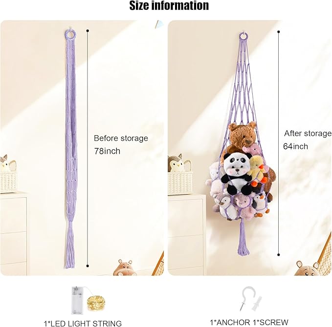 Stuffed Animal Hammock Corner Net with LED Light Plushies Storage Hammock for Stuffed Animals Boho Room Decor Macrame Wall Decor