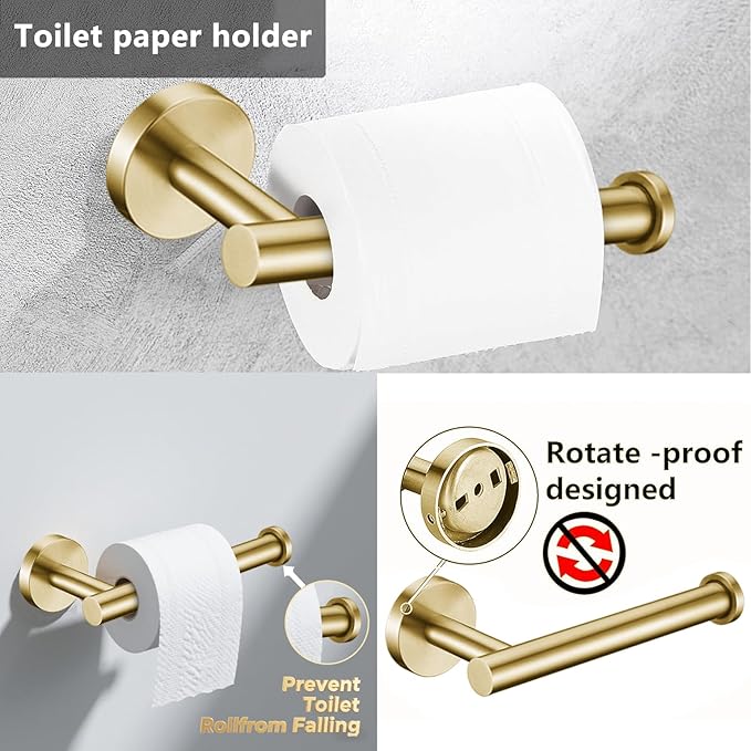 6 Pieces Brushed Gold Bathroom Hardware Accessories Set Hand Towel Ring 16&23.6 Inch Round Towel Bar Gold Toilet Paper Holder Towel Hooks 2 Pieces SUS 304 Stainless Steel, Heavy Duty, Wall Mounted
