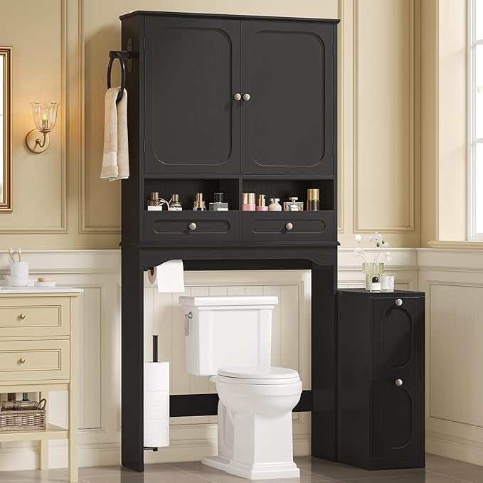 Over The Toilet Storage Cabinet with Free-Standing Cabinet & Towel Holder, Bathroom Storage Cabinet with 4 Section Drawers, Adjustable Shelves & Paper Holder for Bathroom, Laundry Room, Black