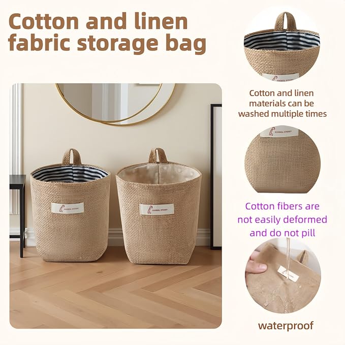 Chinshwehaw Washable Cotton Linen Hanging Organizer Bag for Door Wall Bedside | Washable Storage Pockets | Space Saving ，Reusable Closet Organizer (2Pack) (Deep blue stripes+yellow dots)