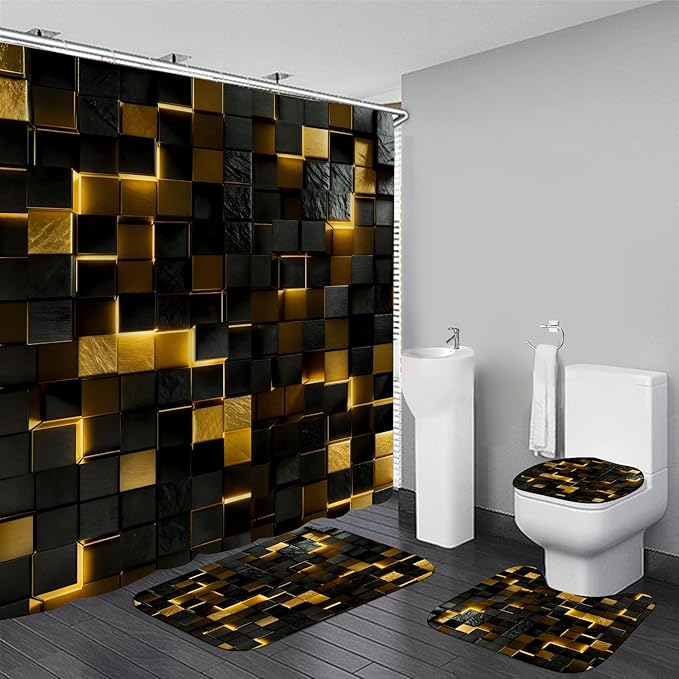 4Pcs Black and Gold Shower Curtain Set 3D Cubes Bathroom Sets Modern Shower Curtain Set for Bathroom Sets with Rugs and 12 Hooks