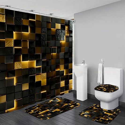 4Pcs Black and Gold Shower Curtain Set 3D Cubes Bathroom Sets Modern Shower Curtain Set for Bathroom Sets with Rugs and 12 Hooks