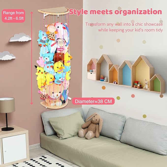 Stuffed Animal Storage Hammock Wooden Half Circle Design Wall Hanging Plush Toy Organizer for Kids Room Decor, Plush Net Hammock Playroom Nursery Stuffed Animal Corner Net Shelf