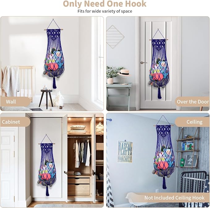 Stuffed Animal Hammock w/LED Star Light, 63 Inch Jumbo Toy Hammock Wall Hanging Plushie Net Holder for Boho Nursery Teddy Decor, Navy Blue Stuffed Animal Storage Organizer for Kid Girls Boys Gift